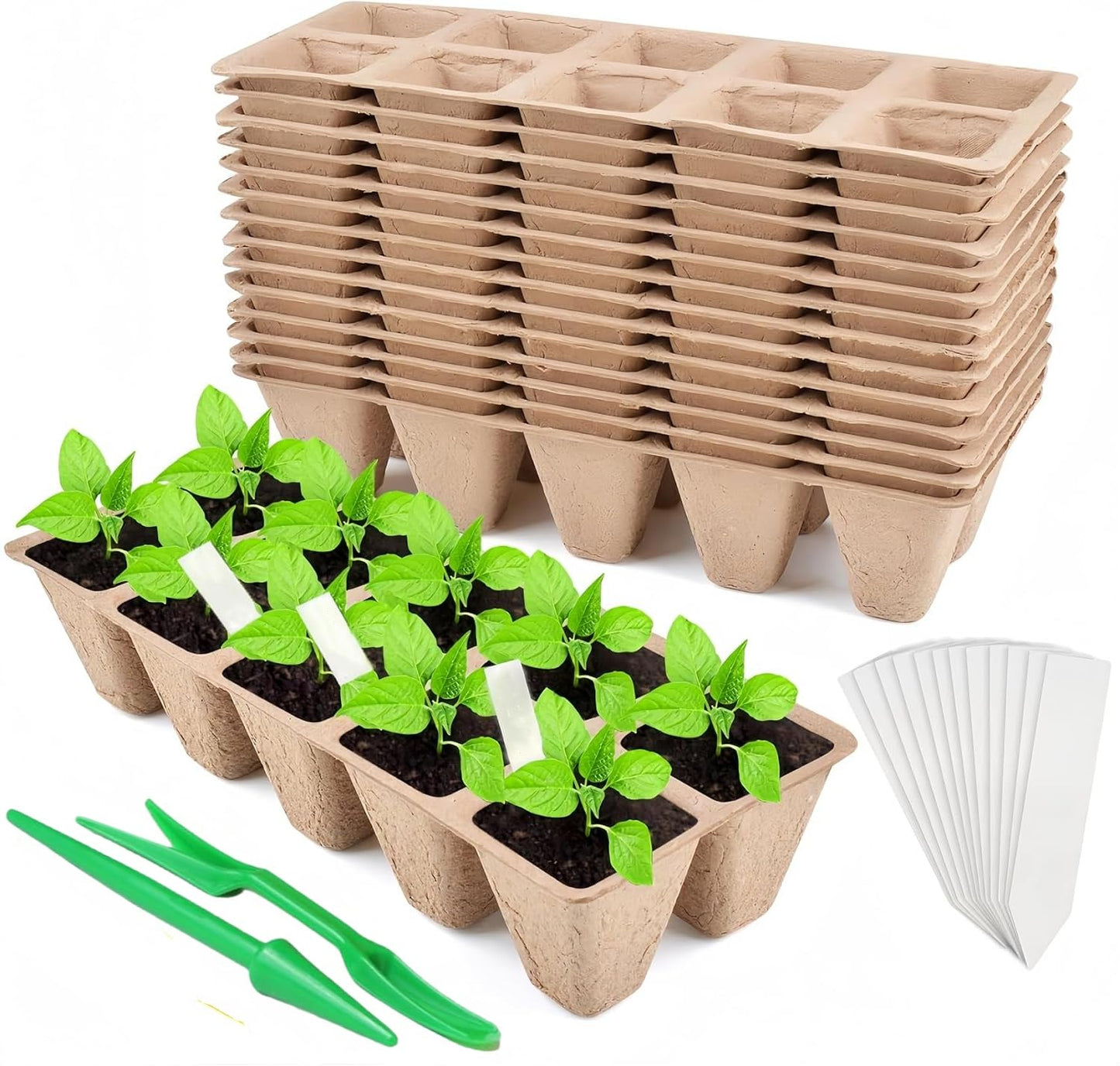 400 Cells Seed Starter Tray 40 Pack, Peat Pot Organic Biodegradable Seedling Pots Germination Trays with 100 Plant Labels for Vegetable Flower, Herbs, Indoor Outdoor Garden