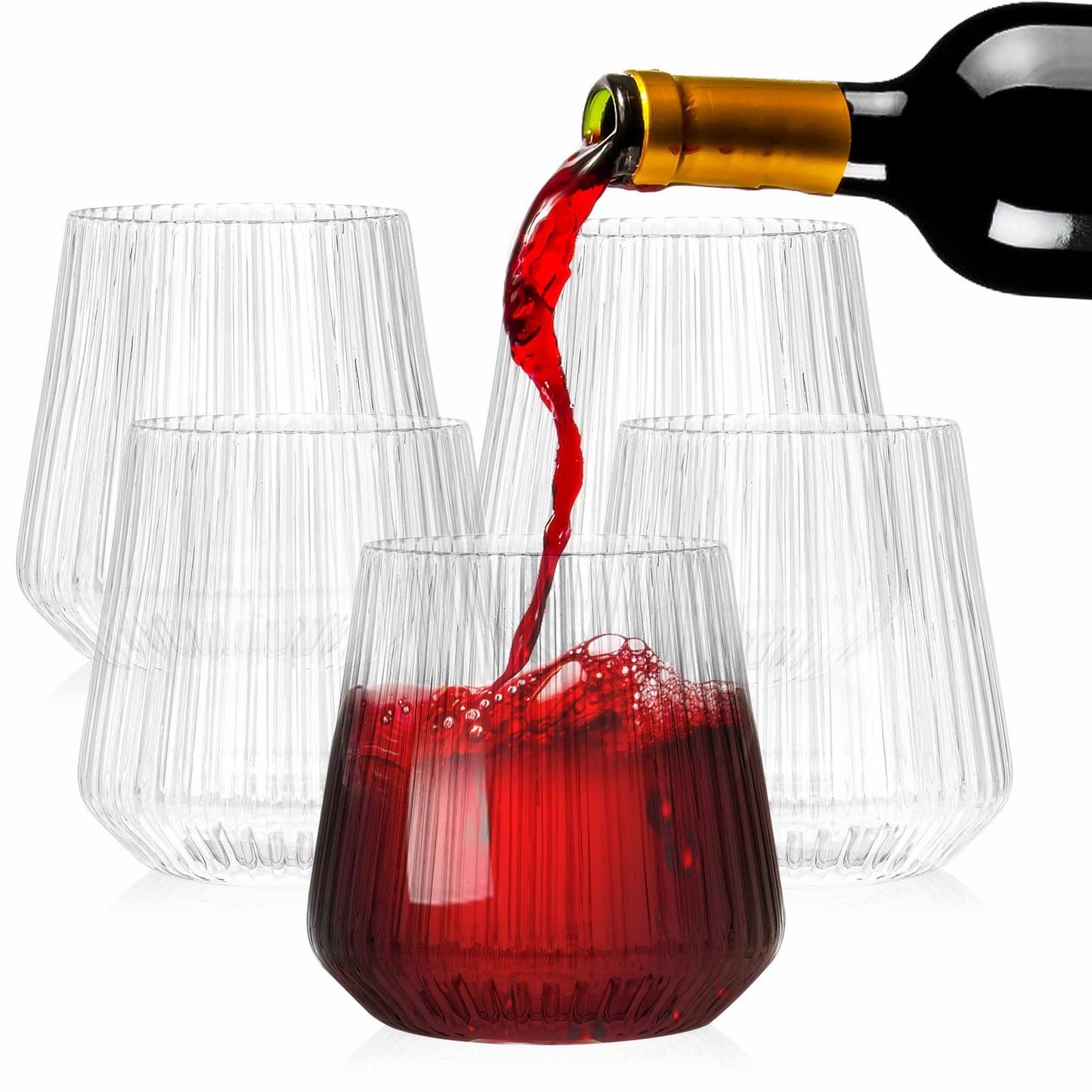 Tebery 20 Pack Plastic Ribbed Wine Glasses, 12 Oz Unbreakable Stemless Cocktail Cups for Party, Reusable Origami Style Ridged Drinking Tumbler for Champagne Catering Wedding Picnic Bar