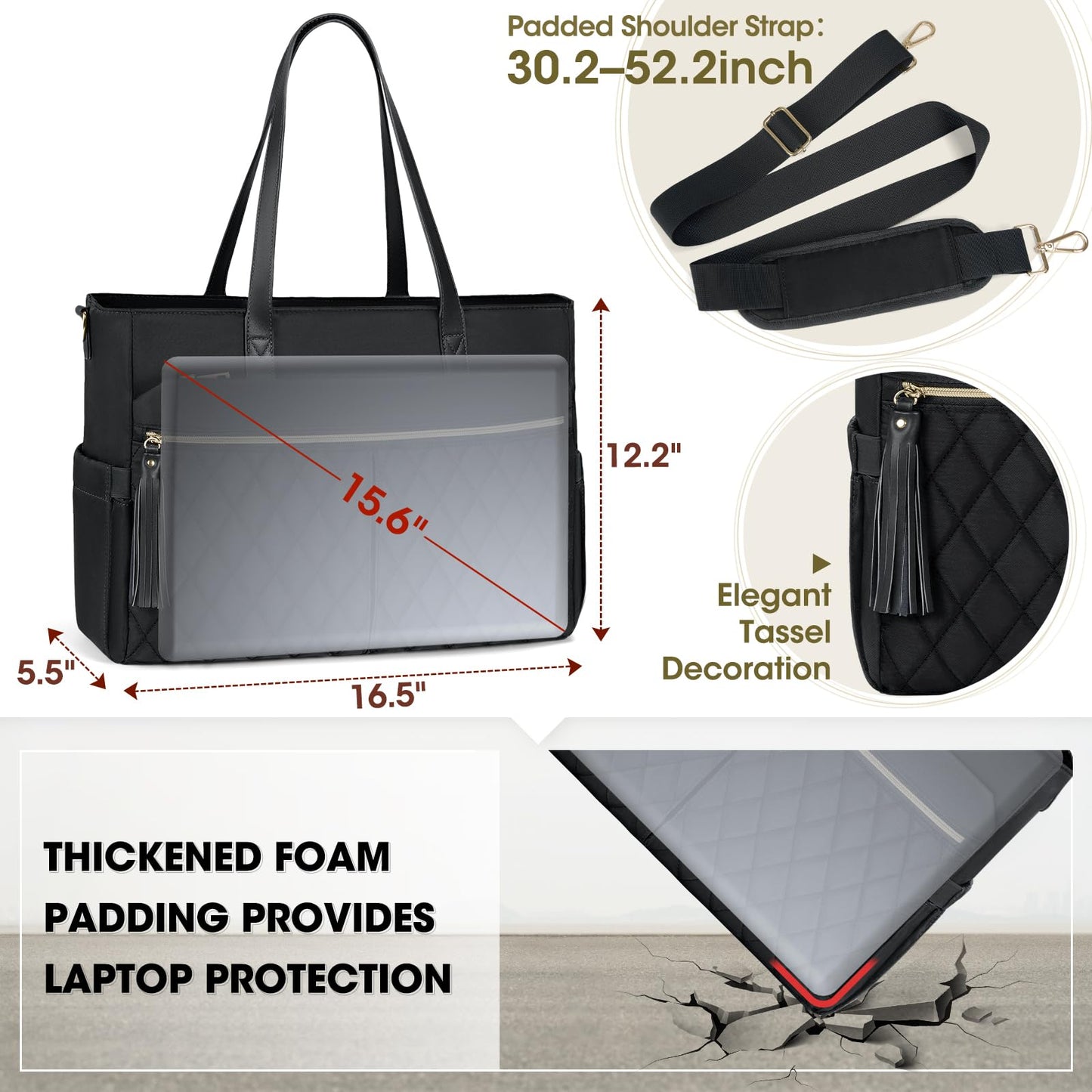 RAINSMORE Laptop Bag For Women 15.6 Inch Work Teacher Tote Bag Waterproof Nurse Bag Large Handbag Shoulder Travel Computer Messenger Bag Briefcase,Black