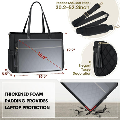 RAINSMORE Laptop Bag For Women 15.6 Inch Work Teacher Tote Bag Waterproof Nurse Bag Large Handbag Shoulder Travel Computer Messenger Bag Briefcase,Black
