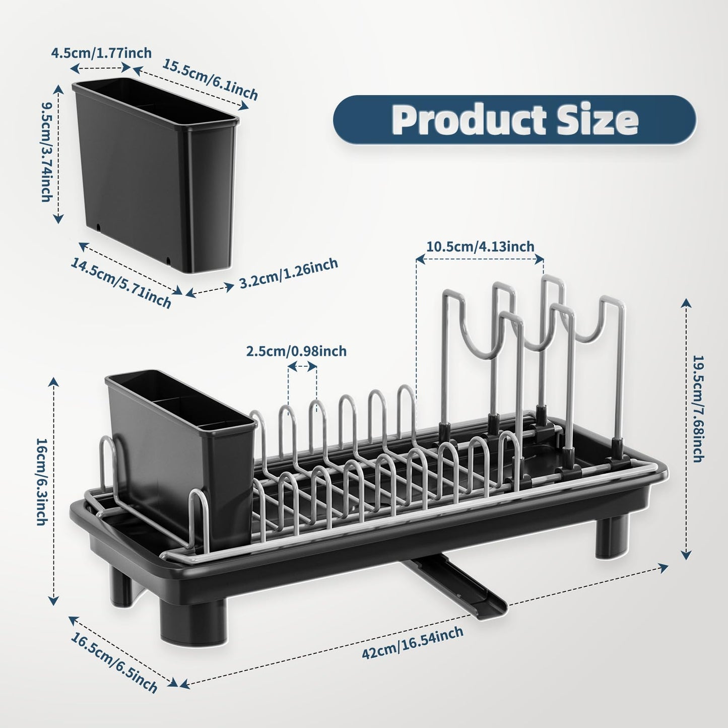 SanDream Small Dish Drying Rack, Compact Dish Rack for Kitchen Counter with Removable Cutlery Holder, 360°Rotating Spout, Multifunctional Stainless Steel Dish Drainer, Space Saving