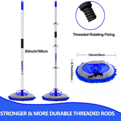 160cm 63" Car Wash Brush with Telescopic Long Handle 2 in 1 Microfiber Truck Cleaning Mop RV Trailer Windshield Vehicle Interior Exterior Detailing Kit Soft Duster Scratch Free (3 X Mop Head)