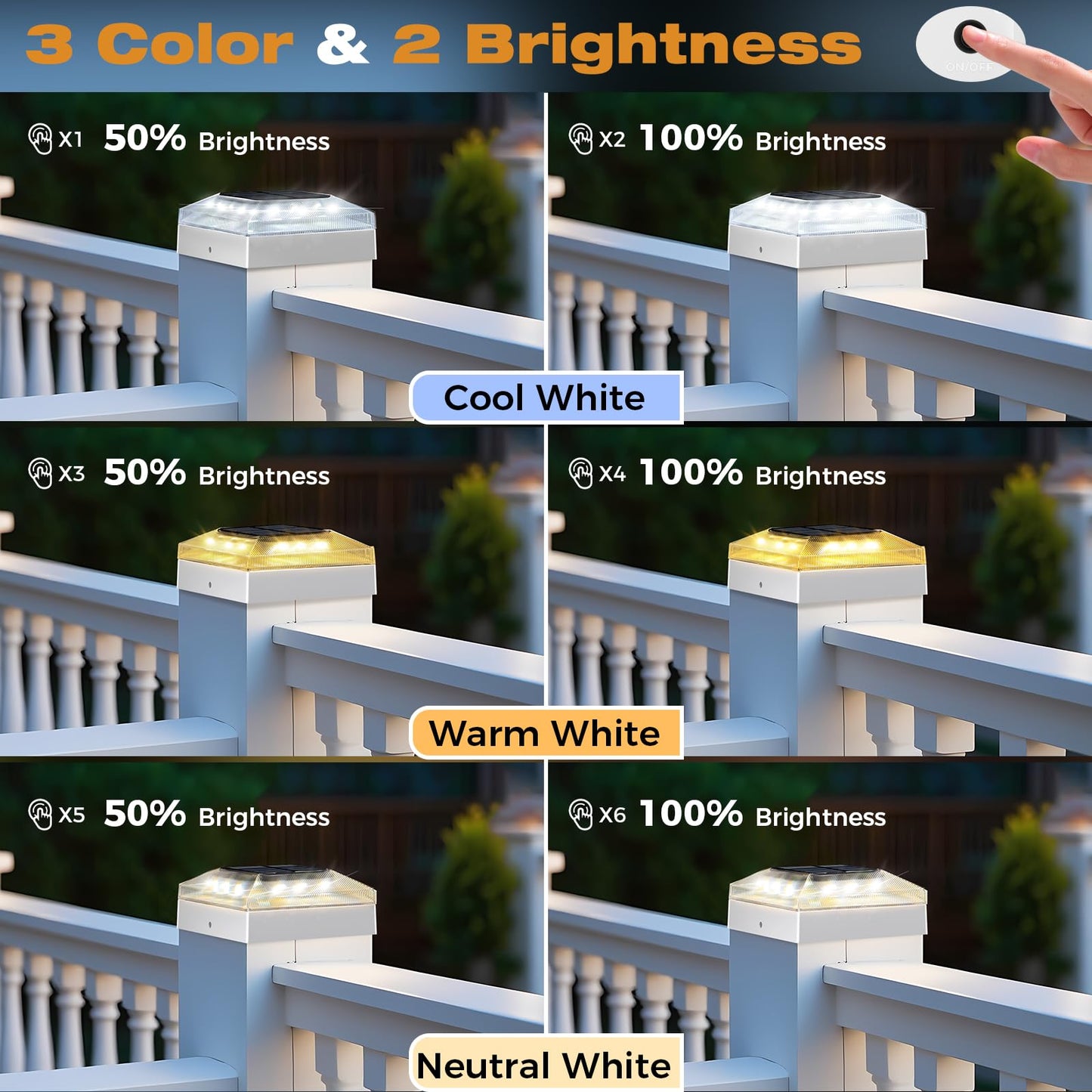 vighep 4x4 Solar Post Caps Lights, 2 Pack 3 Color Modes Outdoor Fence Post Solar Powered Lights, IP65 Waterproof Deck Post Light for Wooden/Vinyl Posts, Patio, Garden-White