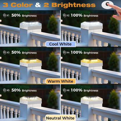 vighep 4x4 Solar Post Caps Lights, 2 Pack 3 Color Modes Outdoor Fence Post Solar Powered Lights, IP65 Waterproof Deck Post Light for Wooden/Vinyl Posts, Patio, Garden-White