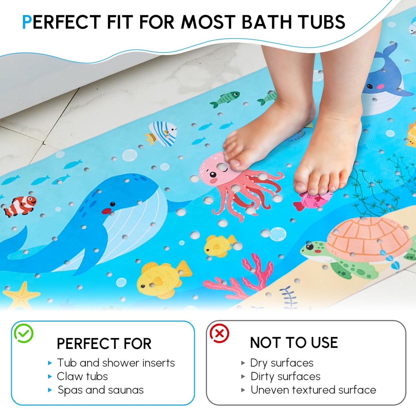 Bath Mats for Tub Kids, Baby Toddler - Large Cartoon Non-Slip Bathroom Bathtub Anti-Slip Shower Mats for Floor 40x16 Inch, Machine Washable XL Large Size Bathroom Mats (Whale)
