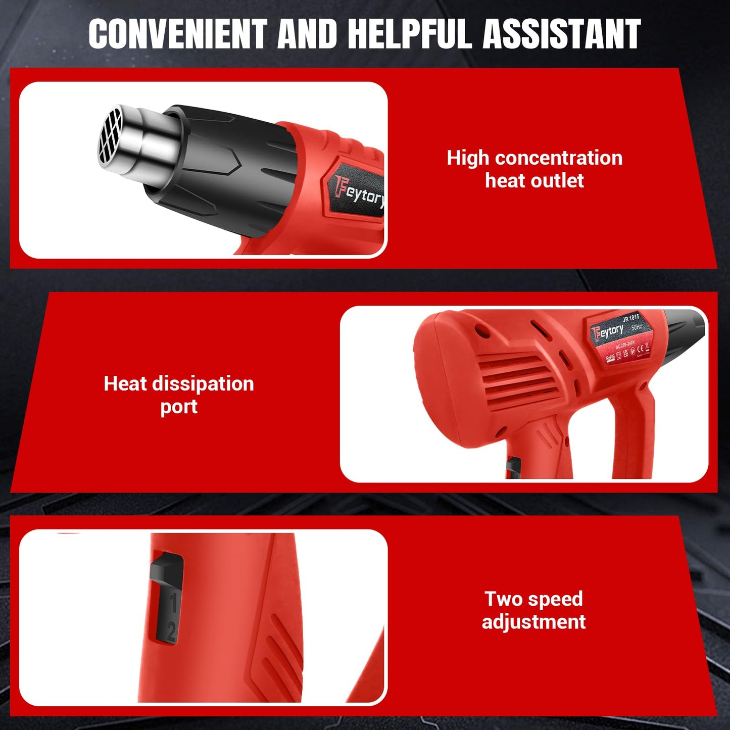 Heat Gun 2000W Hot Air Gun with 2 Temperature Settings 300℃ & 600℃, Dual Air Flow Heat Guns Kit with 4 Type Nozzles and Overload Protection, Great for DIY Crafts Removing Paint Bending PVC Pipe