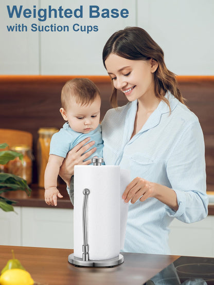 SMARTAKE Paper Towel Holder for One Hand Tear, Paper Towel Dispenser Standing Weighted Base Non Slip, Spring Arm Fit Most Size Paper Roll, Stainless Steel Paper Towel for Kitchen Countertop, Silver