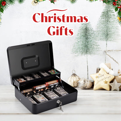 Sumerfnt Cash Box with Money Tray and Lock Money Box for Cash, Metal Locking Cash Box - 11.8" x 9.4" x 3.54" Black