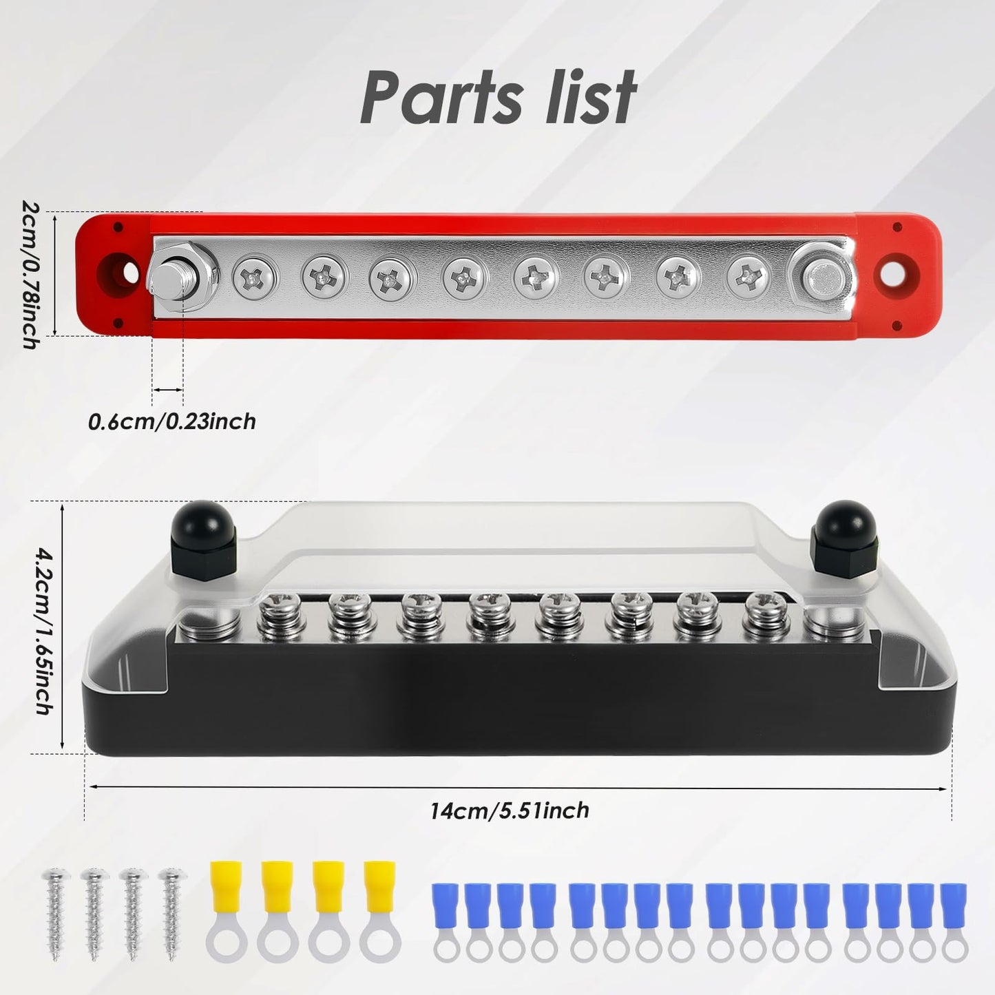 150A 12V Bus Bar with Cover Power Distribution Block 2 x M6(1/4 inch) and 8 x M4(#8) Battery Busbar for Automotive Car Boat