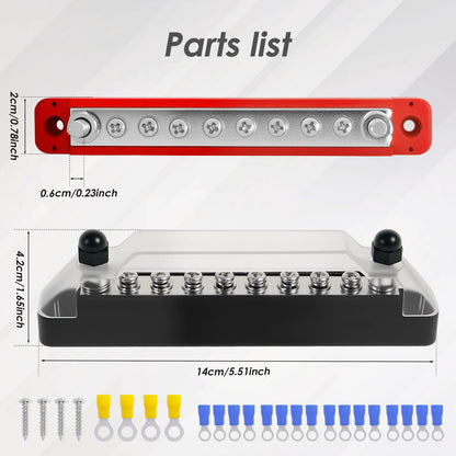 150A 12V Bus Bar with Cover Power Distribution Block 2 x M6(1/4 inch) and 8 x M4(#8) Battery Busbar for Automotive Car Boat