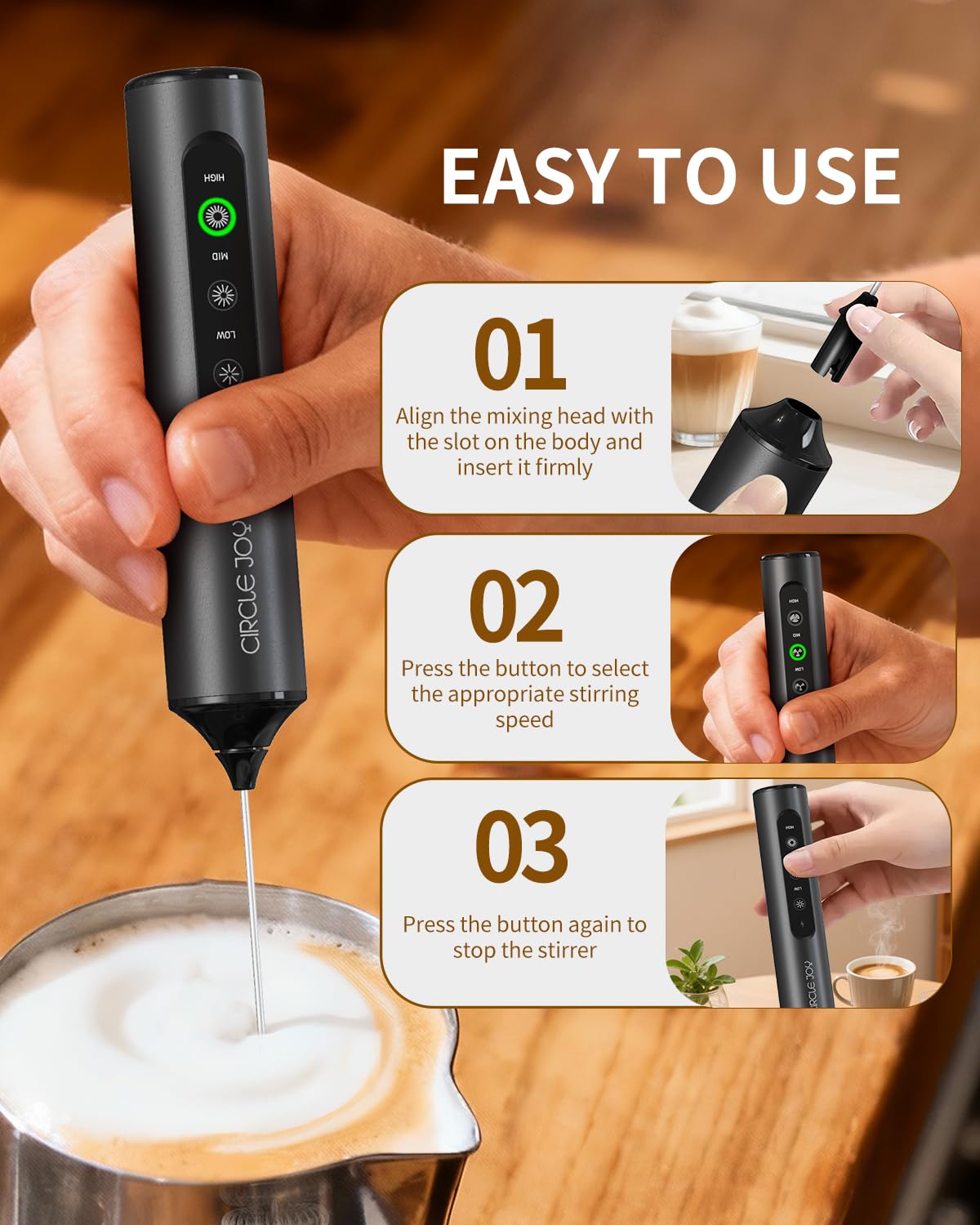 CIRCLE JOY Electric Milk Frother with 3 Variable Speeds, 3 Whisks and Storage Box, Rechargeable Handheld Coffee Frother Drink Mixer Foam Maker for Latte, Cappuccino, Hot Chocolate, Protein Powder