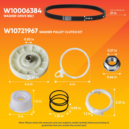 [New] Canamax Premium W10721967 Washer Pulley Clutch Kit & W10006384 Washer Drive Belt - Compatible with Whirlpool Kenmore Washers - Replaces AP5951296, W10006356, W10315818, PS10057144