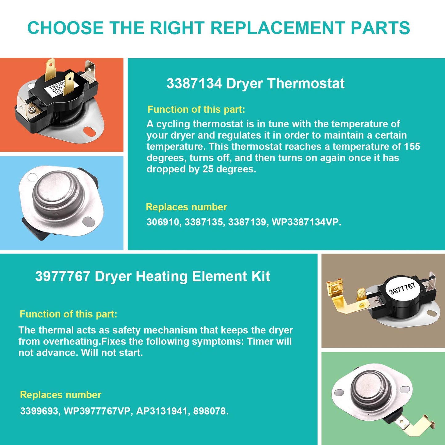 3387134 Dryer Thermostat 3392519 Dryer Thermal Fuse 3977767 Dryer Thermostat 3977393 Thermal Fuse Compatible with Whirlpool Kenmore Maytag KitchenAid Dryer Replaces Parts Replaces Parts 3399693