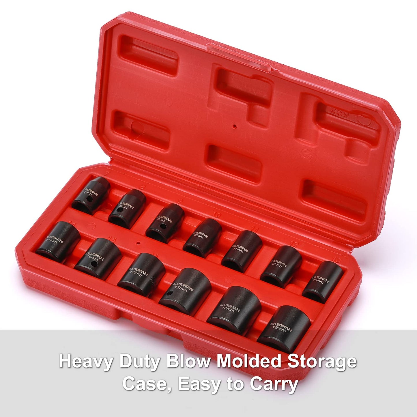 CASOMAN 13 Pieces 3/8-Inch Drive Impact Socket Set, 6-Point, Metric, Shallow, CR-V, 7mm to 19mm, Heavy Duty Blow Molded Storage Case