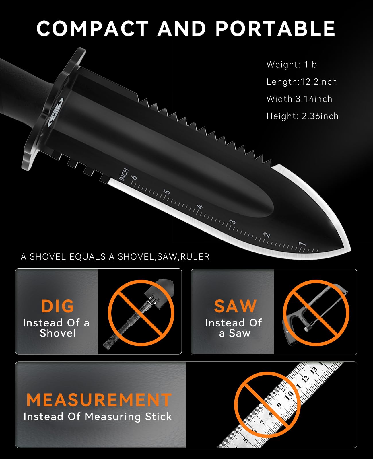 SUNPOW Metal Detector Shovel - Heavy Duty Double Serrated Edge Digger Trowel - Garden Digging Tools with Carrying Sheath - Metal Detector Accessories