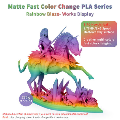 ZIRO 3D Printer Filament PLA, Fast Color Changing Filament(Matte), Color Change by Length PLA, Fit Most FDM 3D Printers, Matte Finish 1KG/ 2.2lbs Spool, Rainbow Blaze