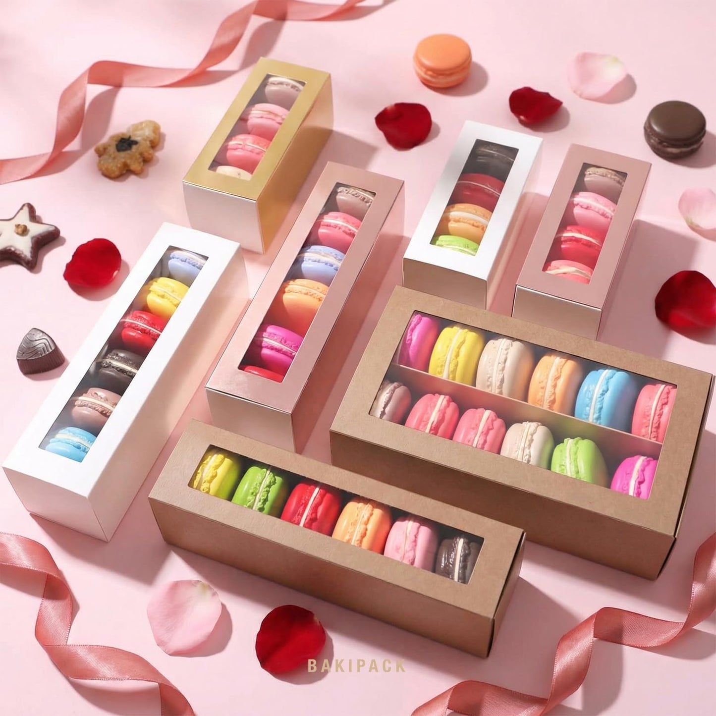 BAKIPACK 30 Macaron Boxes for 4 or 5, Rose Gold Macaron Boxes with Clear Window, 4.8" x 1.9" x 1.9" Macaron Packaging Gift Boxes, Candy Gift Boxes