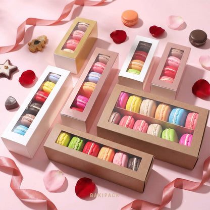 BAKIPACK 30 Macaron Boxes for 4 or 5, Rose Gold Macaron Boxes with Clear Window, 4.8" x 1.9" x 1.9" Macaron Packaging Gift Boxes, Candy Gift Boxes