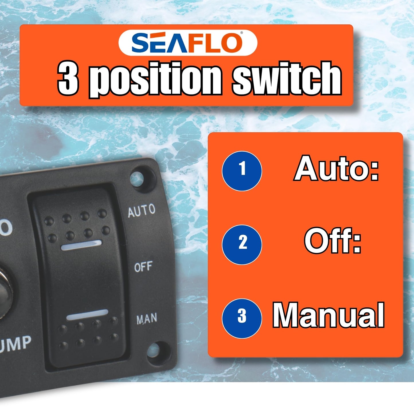 SEAFLO 3-Way Bilge Pump Panel Rocker Switch 32V/24V/12V - Automatic/Off/Manual with Built-in 15A Circuit Breaker, LED Indicator, Marine Grade Black Plastic Panel for Marine Pumps | 4-Year Warranty