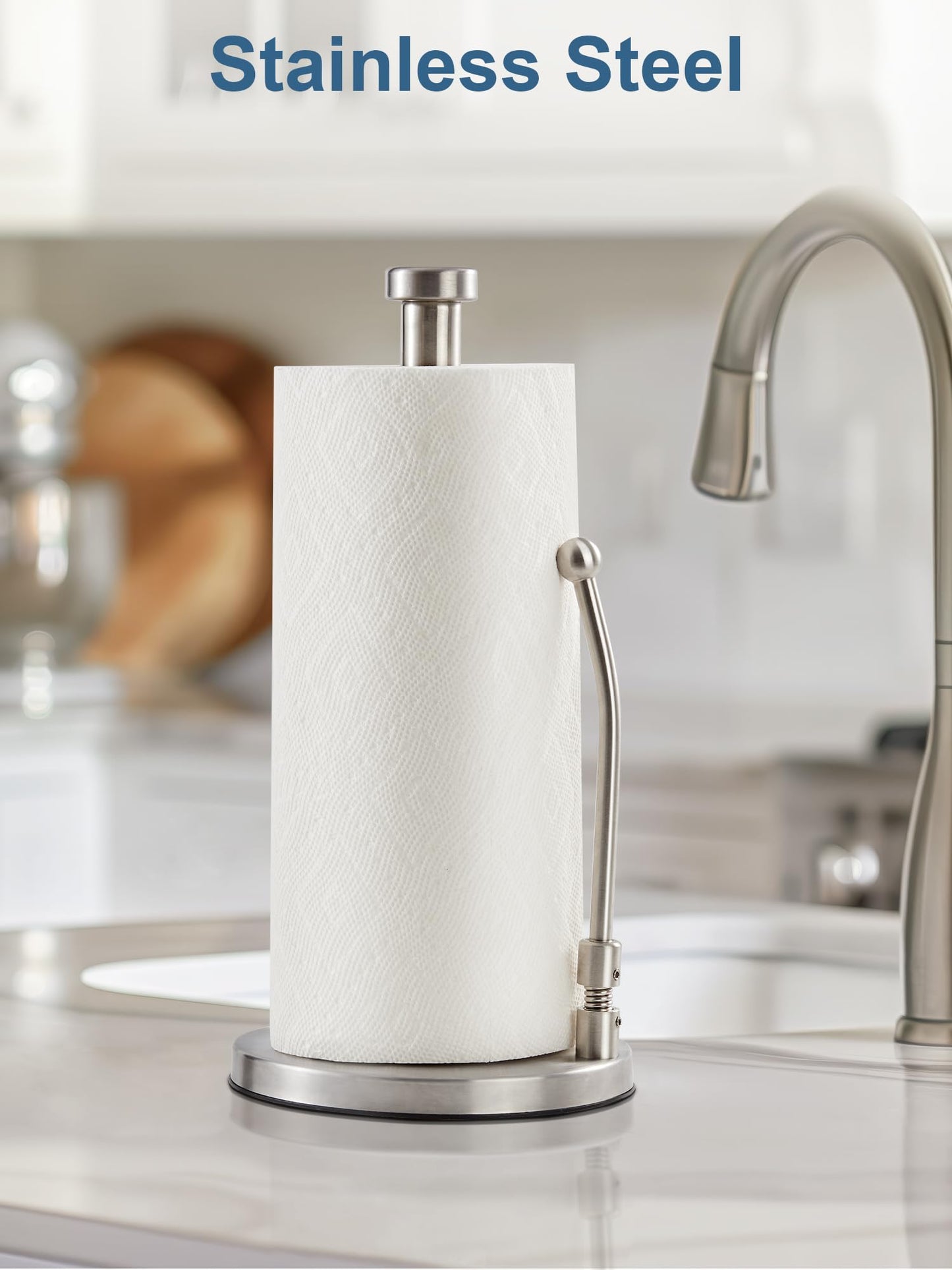 SMARTAKE Paper Towel Holder for One Hand Tear, Paper Towel Dispenser Standing Weighted Base Non Slip, Spring Arm Fit Most Size Paper Roll, Stainless Steel Paper Towel for Kitchen Countertop, Silver