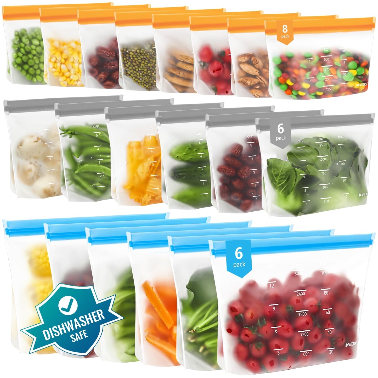 Dishwasher Safe Reusable Storage Bags Stand Up - BPA Free PEVA Reusable Sandwich Bags - Leakproof Gallon Freezer Bags, Silicone Food Storage Bags (20 Pack- 6Gallon+6Sandwich+8Snack)