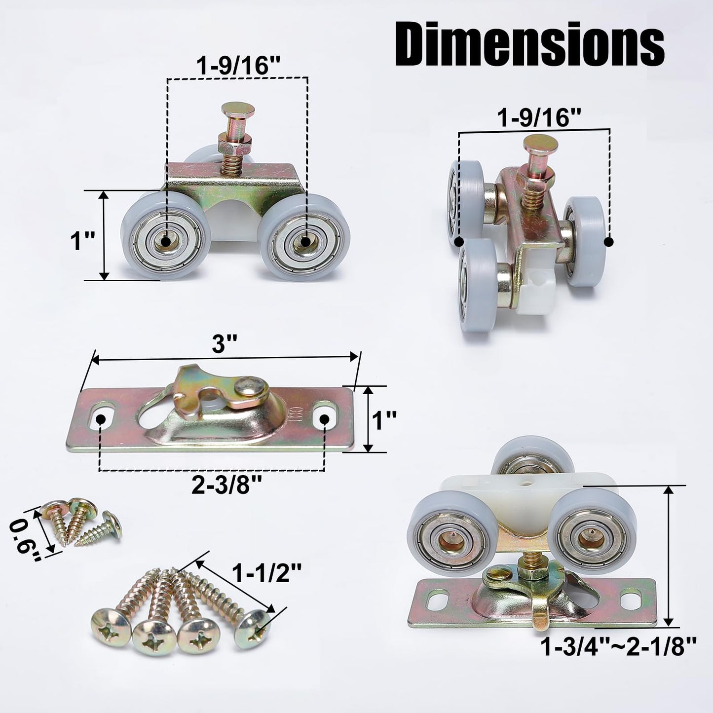 Sliding Pocket Door Hardware Top Hanger Rollers Wheels Assembly Fit Johnson Part #1125 & #1500 Hardware Kit, Wrench and Screws Include (2, Plating)