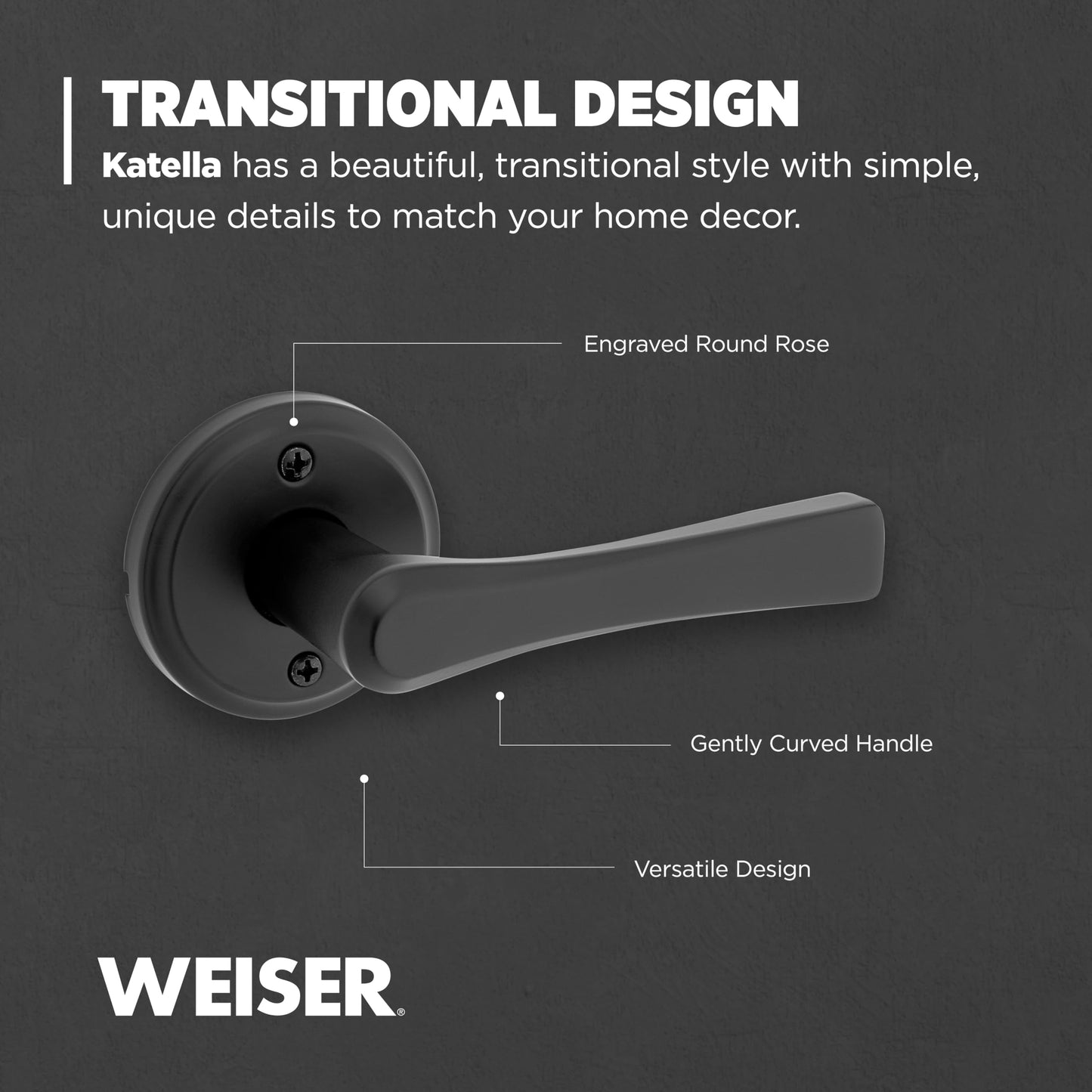 Weiser Katella Matte Black Dummy Door Handle, Reversible One Sided, Individual Closet and French Door Non-Turning Door Handle