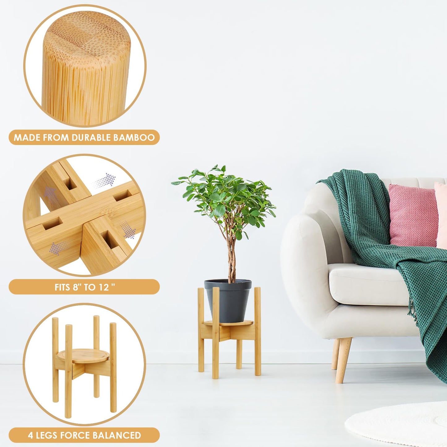 Plant Stand with Tray, Mid-Century Modern Flower Pot Holder, Adjustable Plant Stand for Multiple Pots, Indoor Space Saving Vertical Plant Shelf, Fits Pots Size of 20-30 CM (Plant Pot NOT Included)