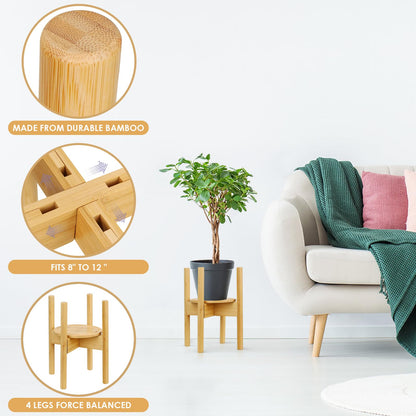Plant Stand with Tray, Mid-Century Modern Flower Pot Holder, Adjustable Plant Stand for Multiple Pots, Indoor Space Saving Vertical Plant Shelf, Fits Pots Size of 20-30 CM (Plant Pot NOT Included)