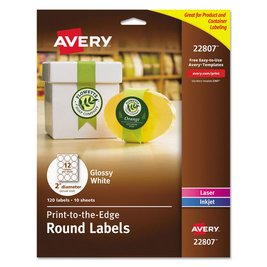 Avery Round Labels, 2" Diameter, Permanent, Glossy White, Pack of 120 Labels (22807)
