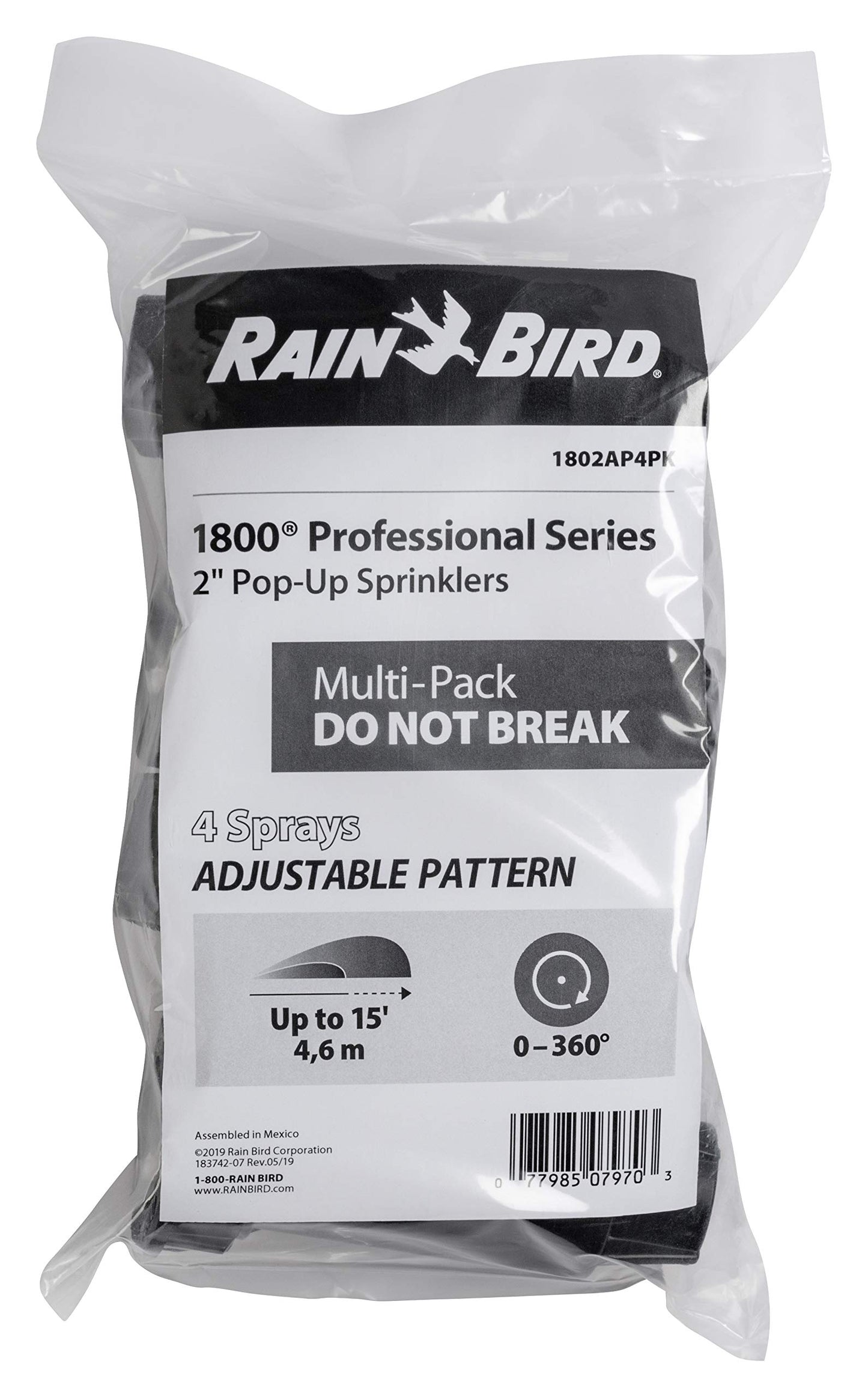 Rain Bird 1802AP4PK Professional Pop-Up Sprinkler, Adjustable 0-360° Pattern, 8' - 15' Spray Distance, 2" Pop-up Height, 4-Pack