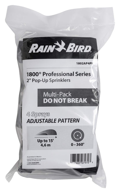 Rain Bird 1802AP4PK Professional Pop-Up Sprinkler, Adjustable 0-360° Pattern, 8' - 15' Spray Distance, 2" Pop-up Height, 4-Pack
