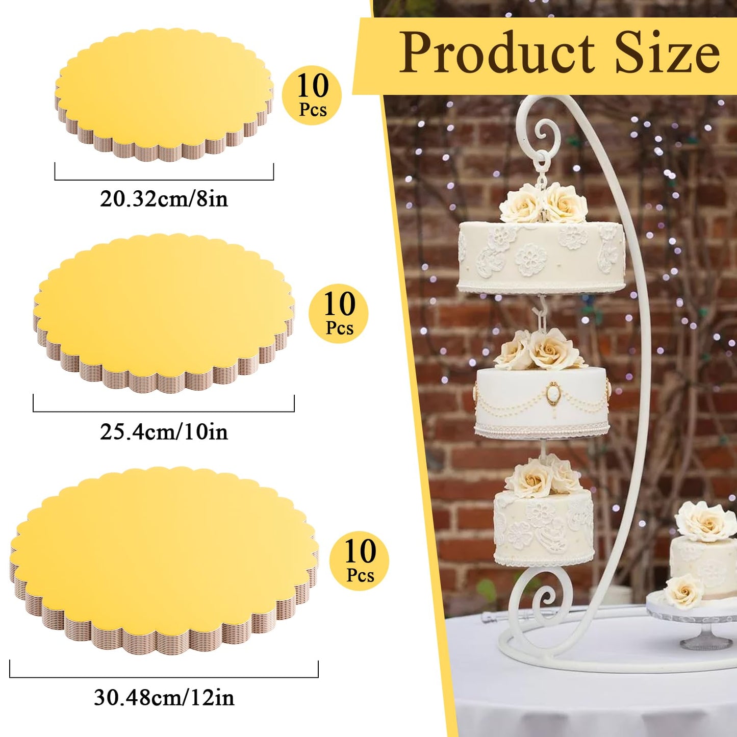 Worldity 30 Pcs Gold Cake Board, Sturdy Greaseproof Cake Circles Plate 8, 10, 12 Inch, Food-Graded Disposable Round Cardboard for Dessert Pizza Party Supplies Pizza Weddings Birthdays