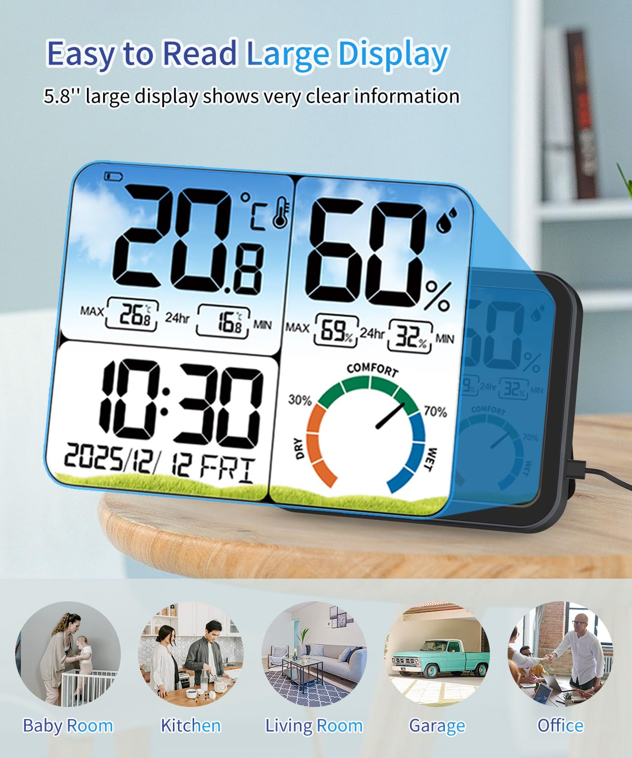 VOCOO Digital Indoor Room Thermometer - 5.8'' Extra Large Display Temperature Humidity Sensor with Accurate Temp Humidity Gauge Monitor, Calibration, Max & Min Records, Comfort, Backlit, Date & Clock