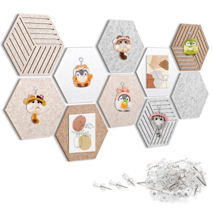 Weldomcor Hexagon Cork Board Tiles 10 Pack Cute Felt Bulletin Boards with 30 Push Pins, 12''x10'' Small Adhesive Pin Display Board Decorative Photo Memo Notes Pinboard for Office Wall Dorm Home Decor