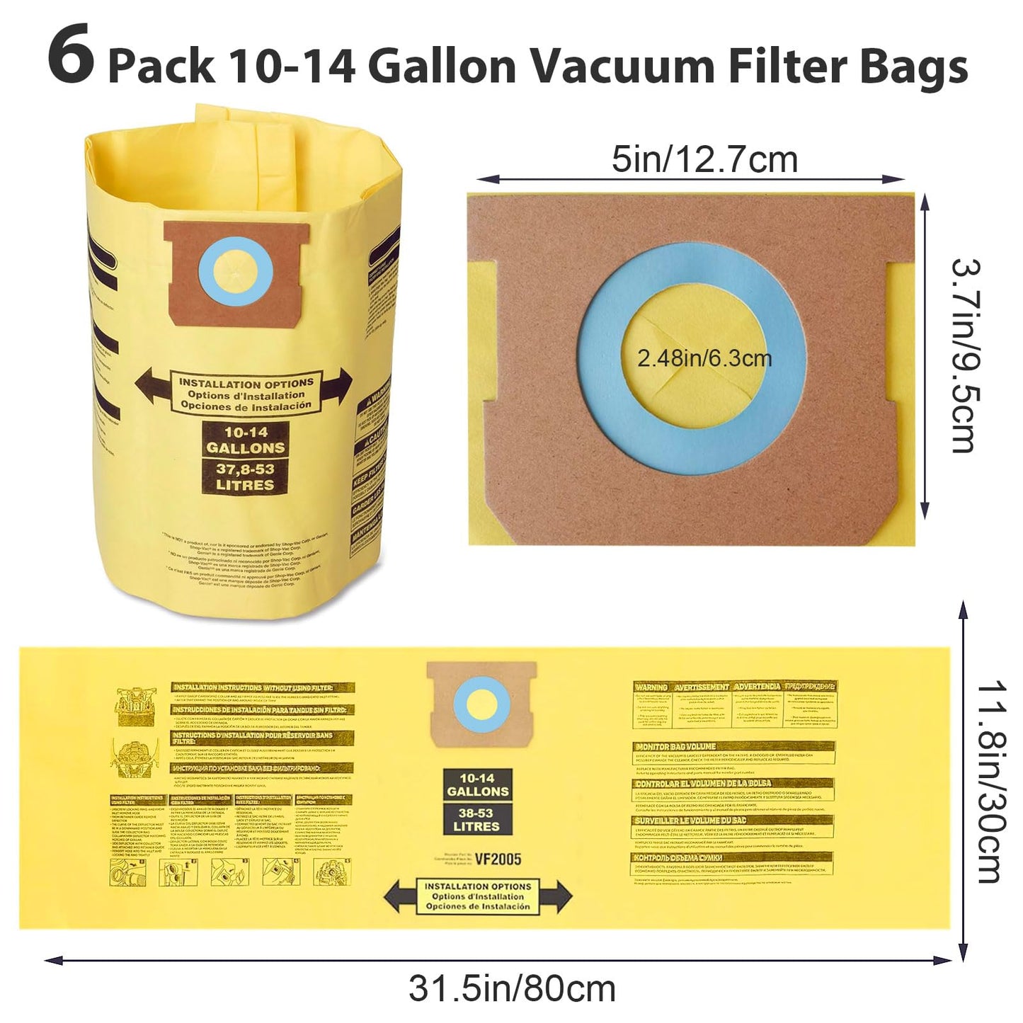 6 Pack Shop Vac Bags 10-14 Gallon, Vacuum Bags Compatible with Shop vac Type I 90672 9067200, Type F 90662 9066200 9066233, Double Layer Disposable Dust Collection Bags Wet/Dry Vacuums