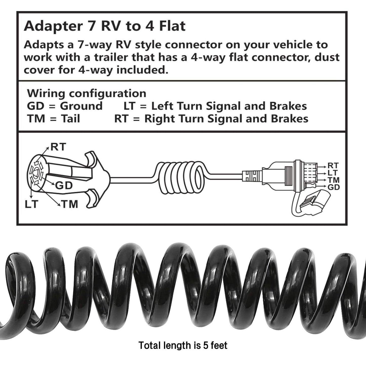 5ft 7 Way Round to 4 Way Pin Flat Trailer Connector Adapter Coiled Wiring Cable, Trailer Wiring Adapter Extension Harness, 7 Pin to 4 Pin Trailer Adapter for Truck RV Trailer