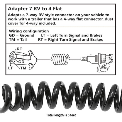 5ft 7 Way Round to 4 Way Pin Flat Trailer Connector Adapter Coiled Wiring Cable, Trailer Wiring Adapter Extension Harness, 7 Pin to 4 Pin Trailer Adapter for Truck RV Trailer