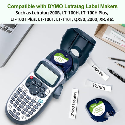 Compatible with Dymo LetraTag Refills White Paper 91330 10697 Label Tape 12mm x 4m for Dymo Letra Tag LT-100H LT-100T Plus 200b QX50 2000 Label Maker Refills, 6-Pack 1/2 Inch x 13 feet