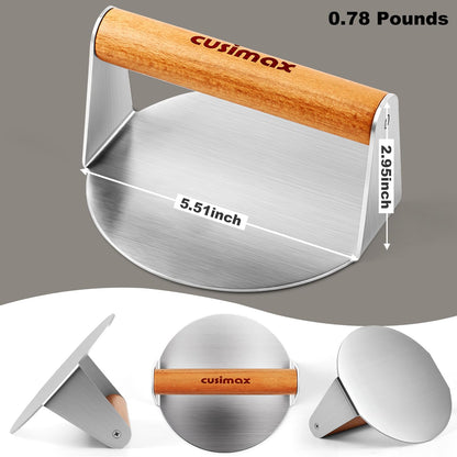 Smash Burger Press, CUSIMAX 5.5" Stainless Steel Burger Smasher, Round Smasher with Wood Handle, Smashburger Press for Griddle, Hamburger, Steak, Meat, Perfect for Flat Top Griddle Grill Cooking