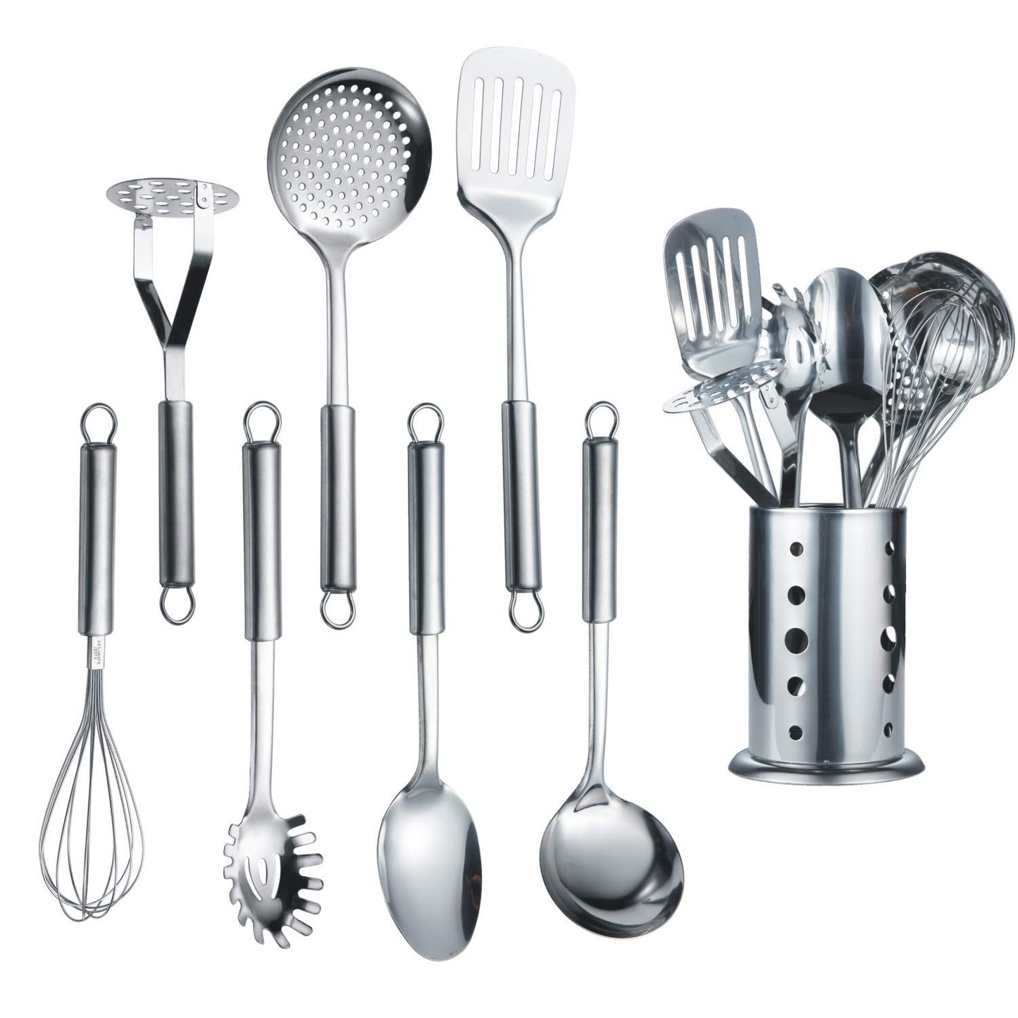 Berglander Stainless Steel Kitchen Utensil 7 Piece with 1 Stand, Slotted Tuner, Ladle, Skimmer, Serving Spoon, Pasta Server,Potato Maseher, Egg Whisk. Kitchen Tool Set. Kitchenware with Holder.