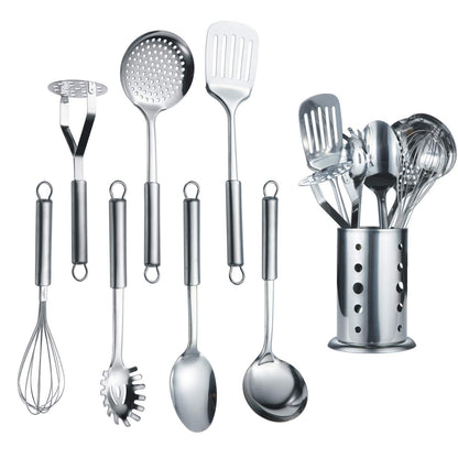 Berglander Stainless Steel Kitchen Utensil 7 Piece with 1 Stand, Slotted Tuner, Ladle, Skimmer, Serving Spoon, Pasta Server,Potato Maseher, Egg Whisk. Kitchen Tool Set. Kitchenware with Holder.