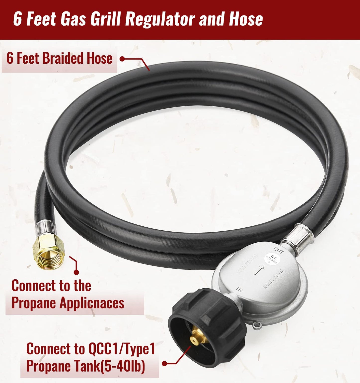 CALPOSE 6 Feet Propane Hose with Regulator, Universal Gas Grill Regulator and Hose for Blackstone 28''/36'' Griddle, Weber Grill, Propane fire pit and More, 3/8" Female Flare for Most LP Gas Grills