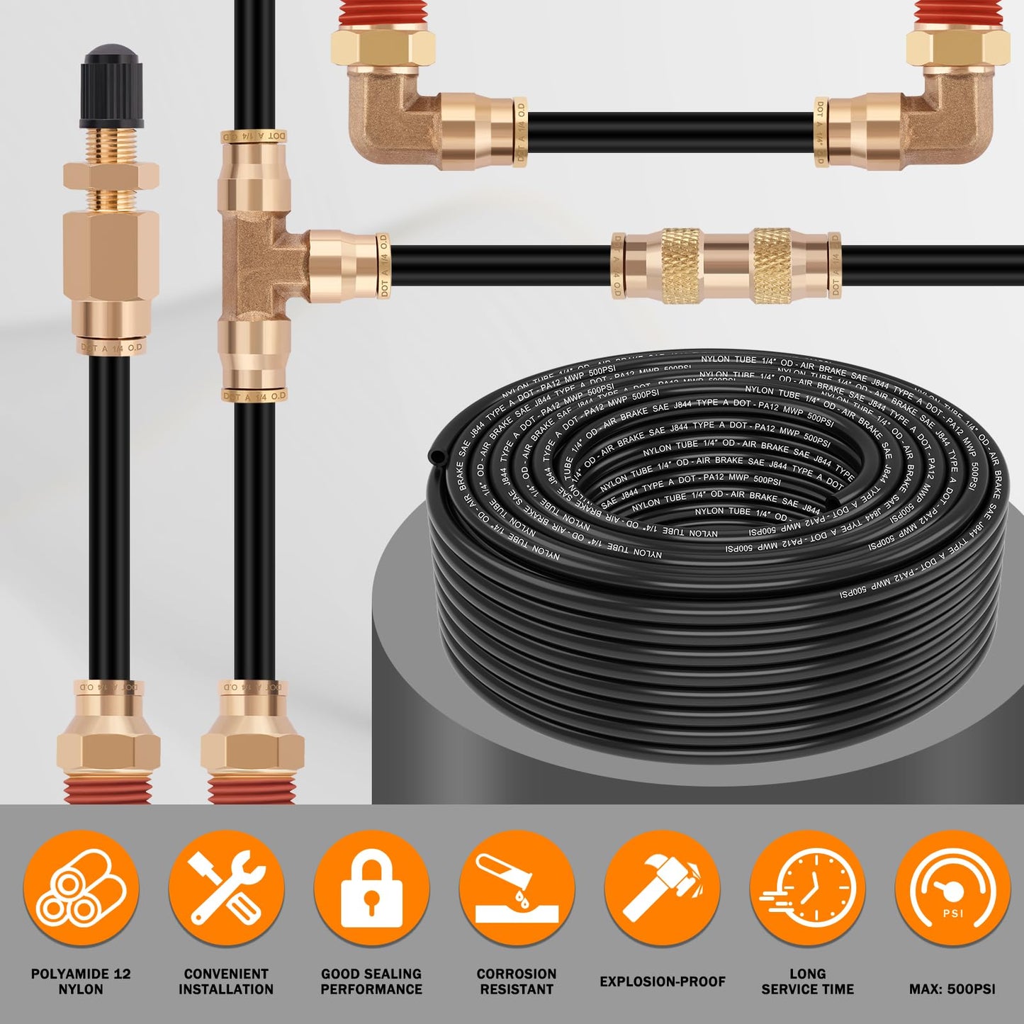 CheeMuii 100 FT 1/4 DOT Air Line 1/4" PA12 Nylon Pneumatic Tubing 30.5 Meter 1/4 Inch OD Pneumatic Air Tubing Pipe Hose Line for Semi Truck Trailer or Industrial Air System