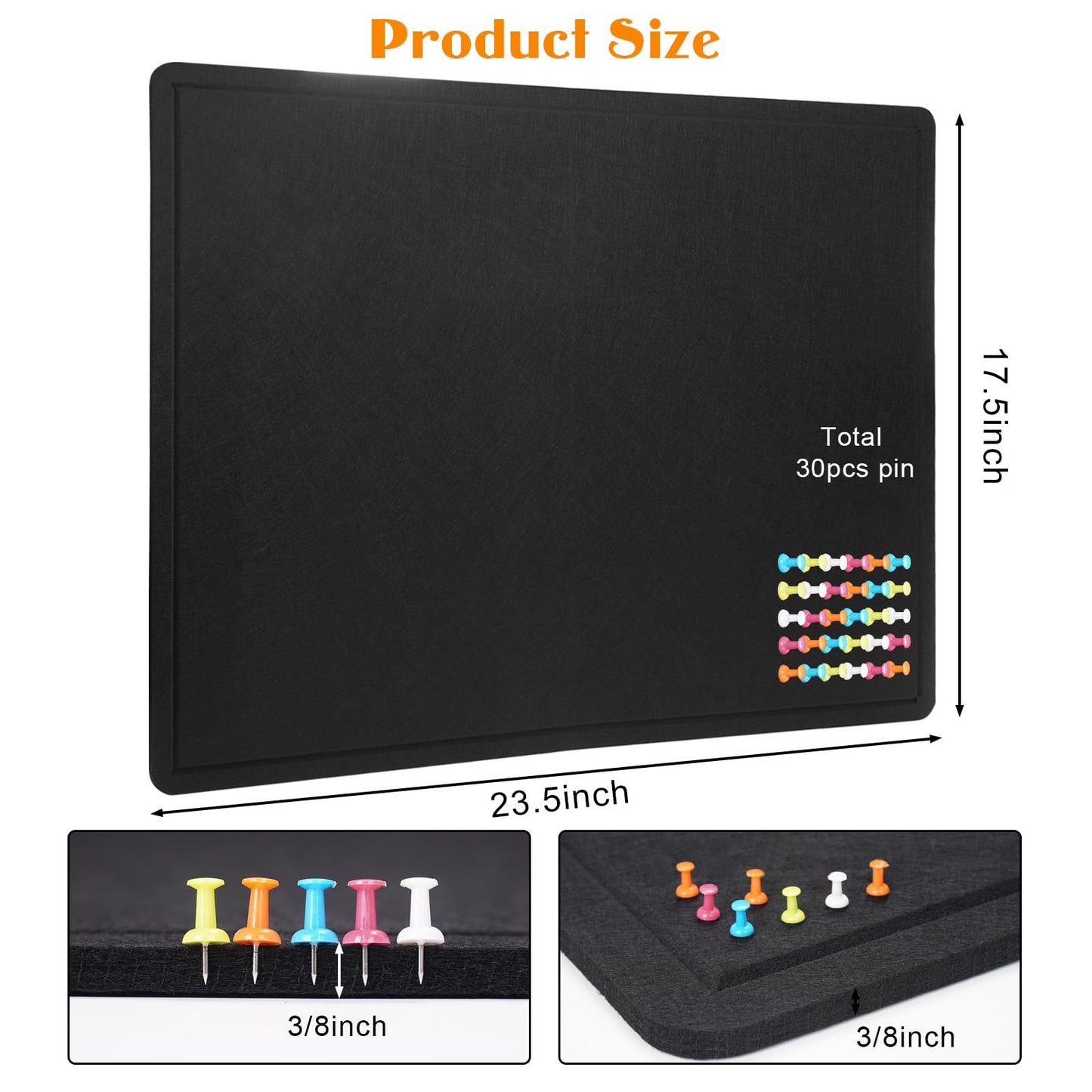 Bulletin Board, 23.5 X 17.5 inches Cork Board with 20 Pushpin, Felt Cork Board Notice Pin Board, Self-Adhesive Foldable Vision Board for Wall - Black