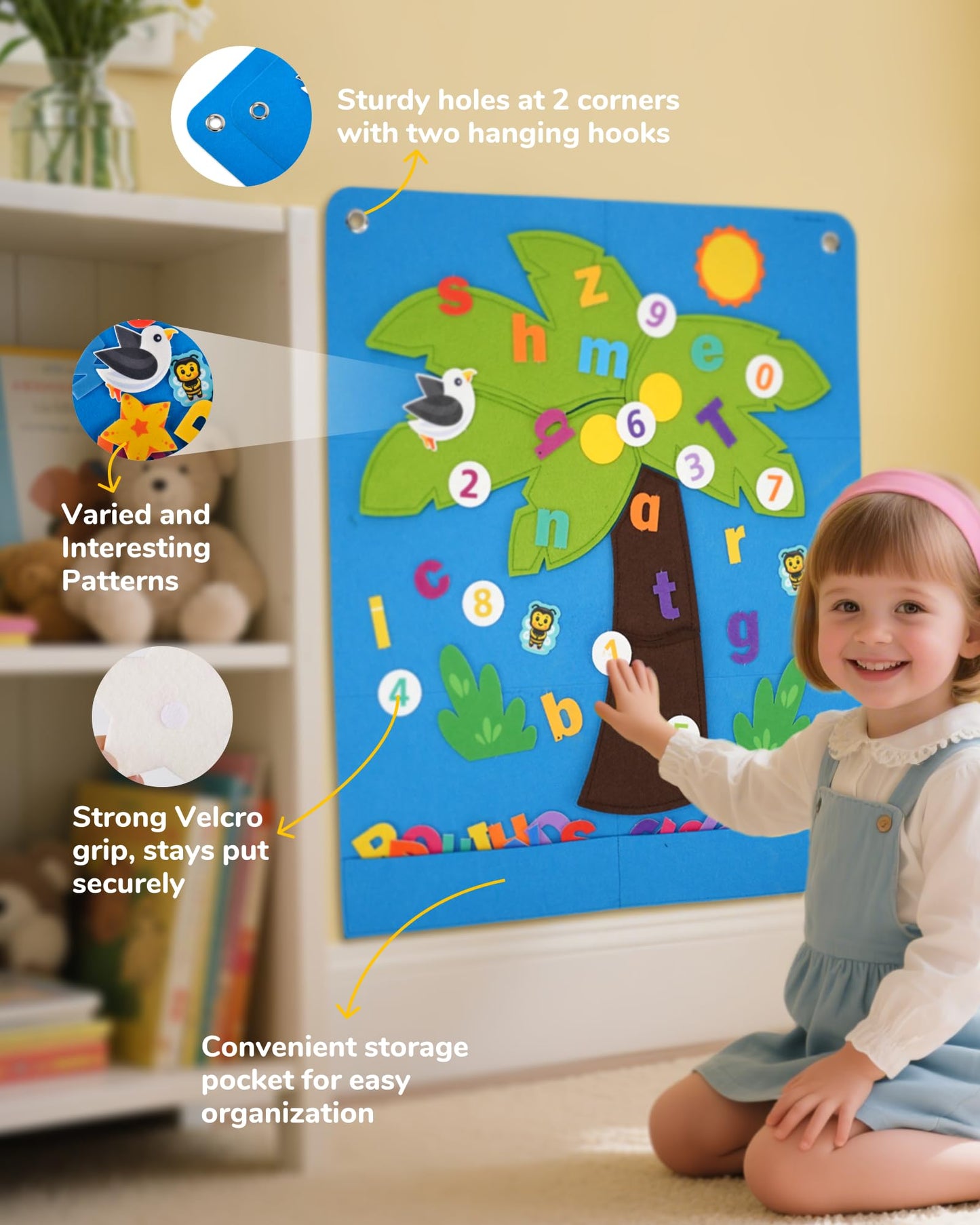 CHEFAN Felt Letter and Number Tree, Coconut Tree Alphabet Game, Felt Story Board Set for Early Education Storytelling, Felt Board for Wall Teaching Home Classroom Play