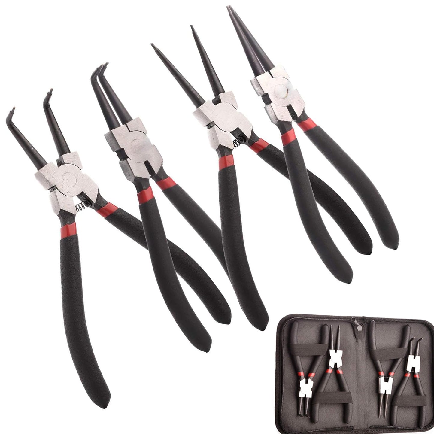KEJJNYER 4 Pack Snap Ring Pliers Set, Heavy Duty C-Clip Plier, Internal/External Circlip Pliers, 7 inch Straight/Bent Retaining Ring Pliers for Lock/Remover with Portable Case