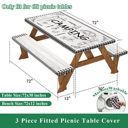 Caknowow Picnic Table Cover Fitted with Bench Covers Camping Tablecloth Waterproof Picnic Table Covers with Elastic Reusable Fabric Camping Table Cover for 6 Foot Picnic Tables
