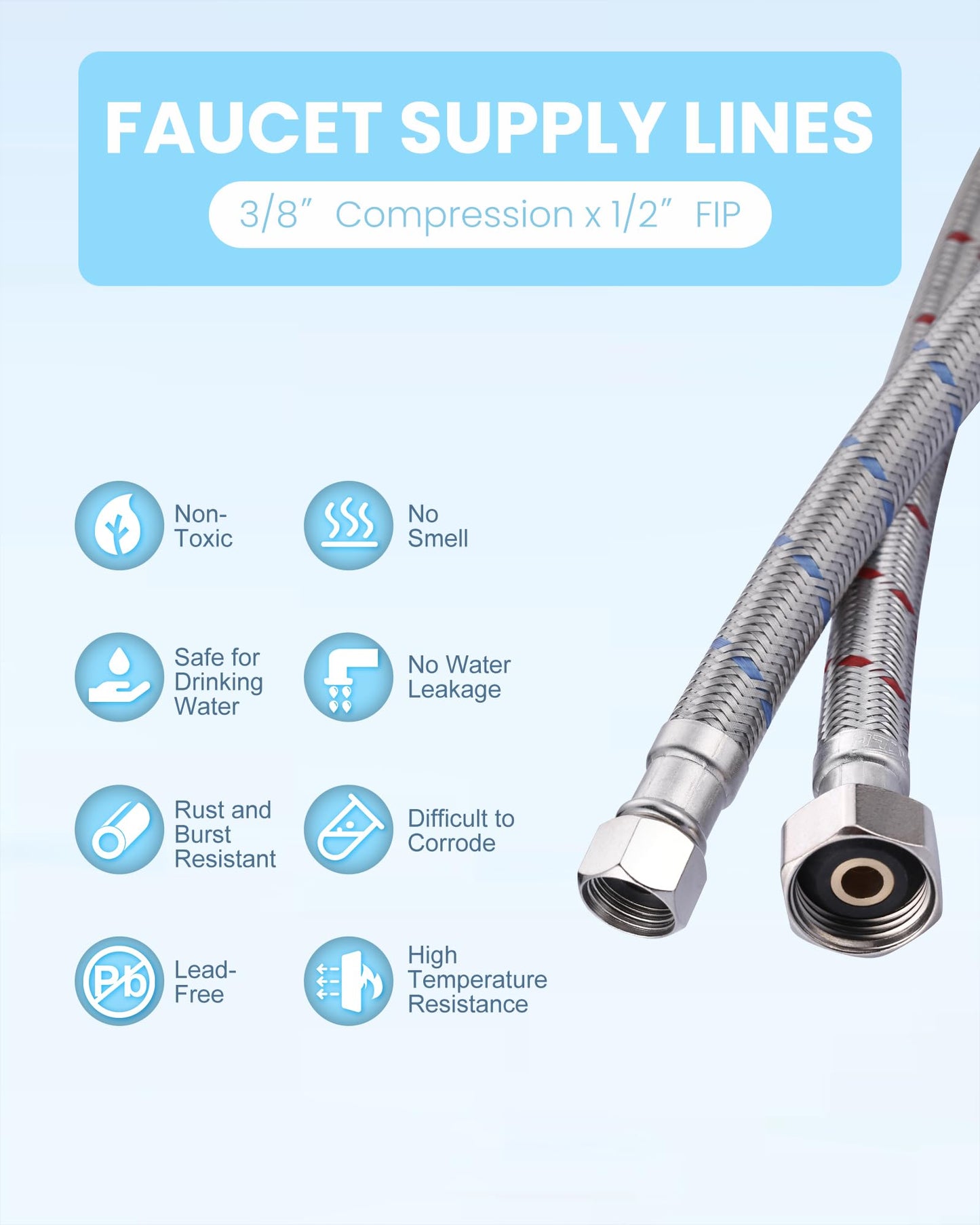 iVIGA 20-Inch Faucet Supply Lines: Braided Stainless Steel Flexible Faucet Hose Connector - 3/8" Compression x 1/2" FIP Water Supply Lines for Bathroom Kitchen Sink Faucet 2PCS