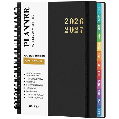 Planner 2026-2027 – Agenda 2026-2027: Planner Weekly and Monthly from July 2026 to June 2027, 8.5" x 11", 2026-2027 Calendar Planner with Monthly Tabs, Flexible Cover, Thick Paper, Inner Pocket for School Office Supplies(Black)